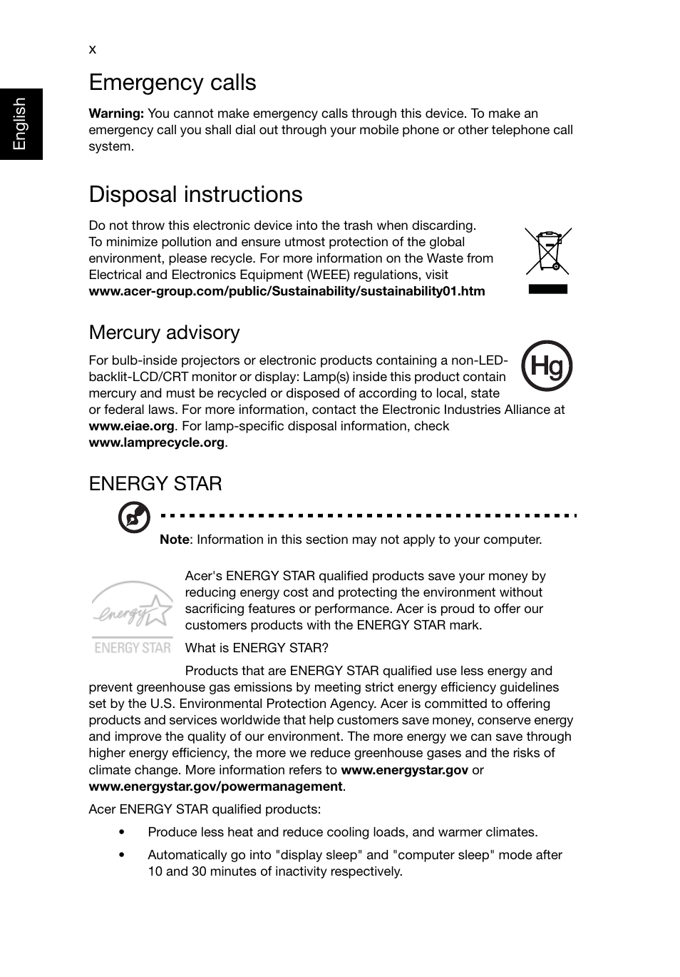 Emergency calls, Disposal instructions, Mercury advisory | Energy star | Acer TravelMate 8481T User Manual | Page 10 / 76