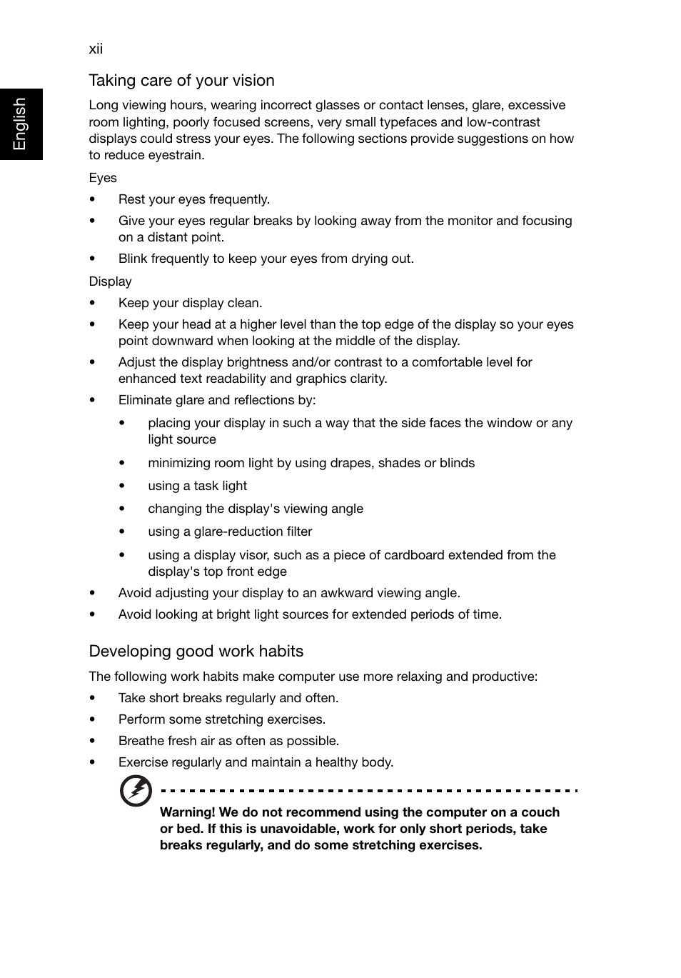 English taking care of your vision, Developing good work habits | Acer TravelMate 8481T User Manual | Page 12 / 76