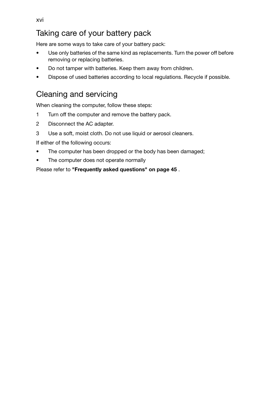 Taking care of your battery pack, Cleaning and servicing | Acer TravelMate 8481T User Manual | Page 16 / 76