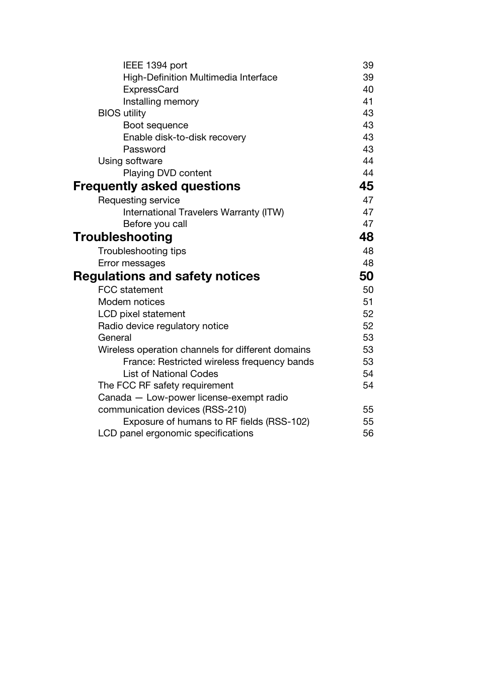 Frequently asked questions 45, Troubleshooting 48, Regulations and safety notices 50 | Acer TravelMate 8481T User Manual | Page 19 / 76