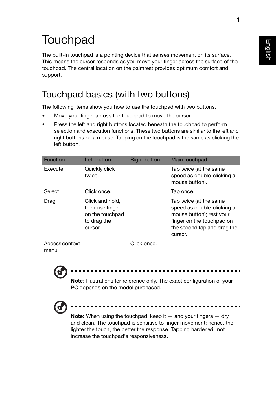 Touchpad, Touchpad basics (with two buttons) | Acer TravelMate 8481T User Manual | Page 21 / 76