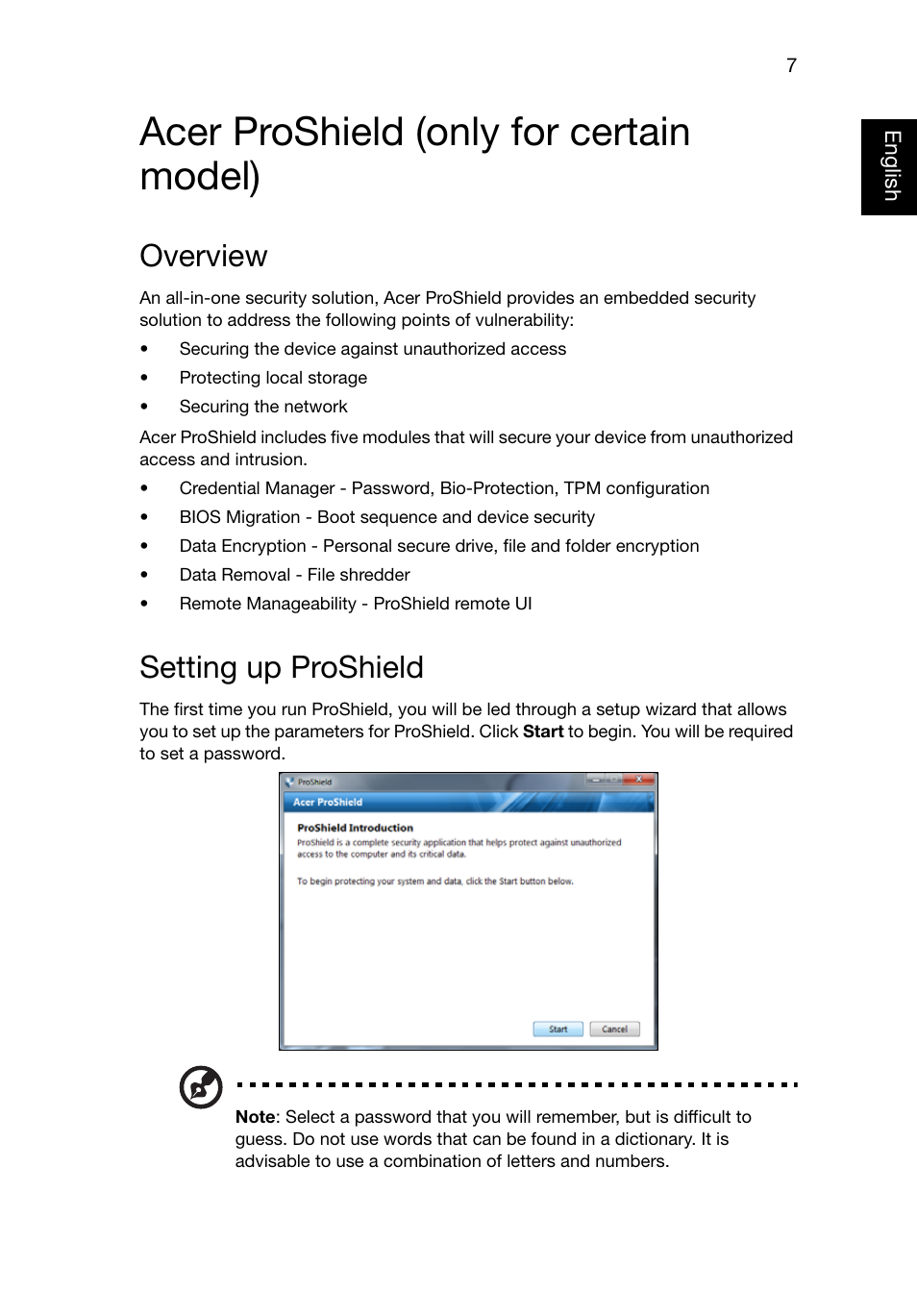 Acer proshield (only for certain model), Overview, Setting up proshield | Acer TravelMate 8481T User Manual | Page 27 / 76