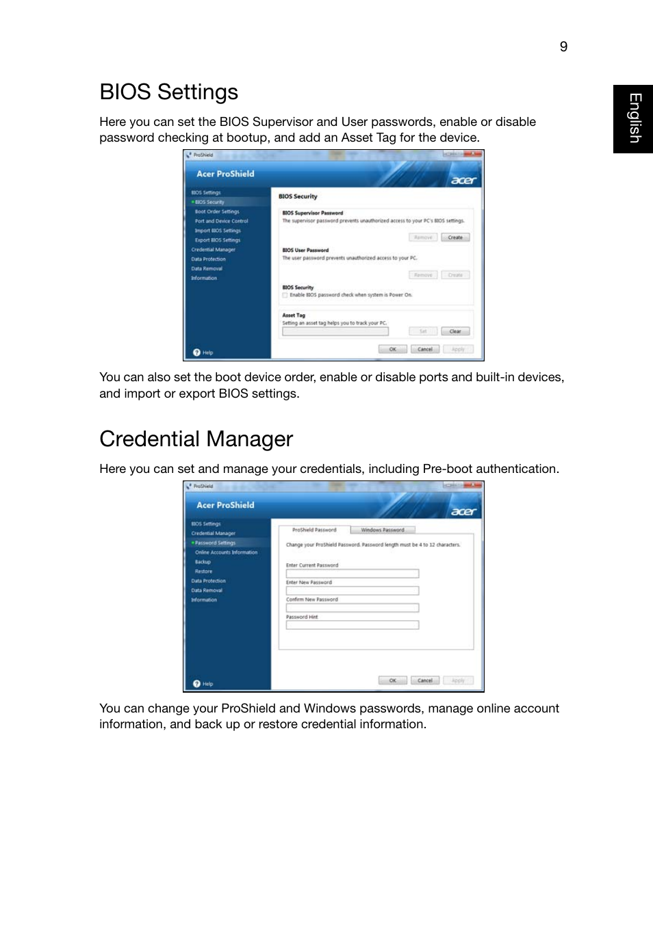 Bios settings, Credential manager | Acer TravelMate 8481T User Manual | Page 29 / 76