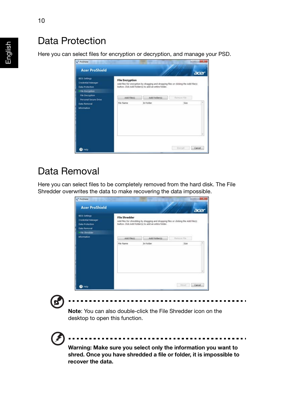 Data protection, Data removal | Acer TravelMate 8481T User Manual | Page 30 / 76