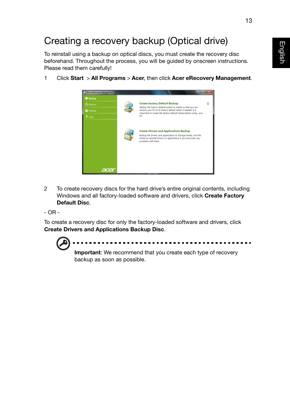 Creating a recovery backup (optical drive) | Acer TravelMate 8481T User Manual | Page 33 / 76