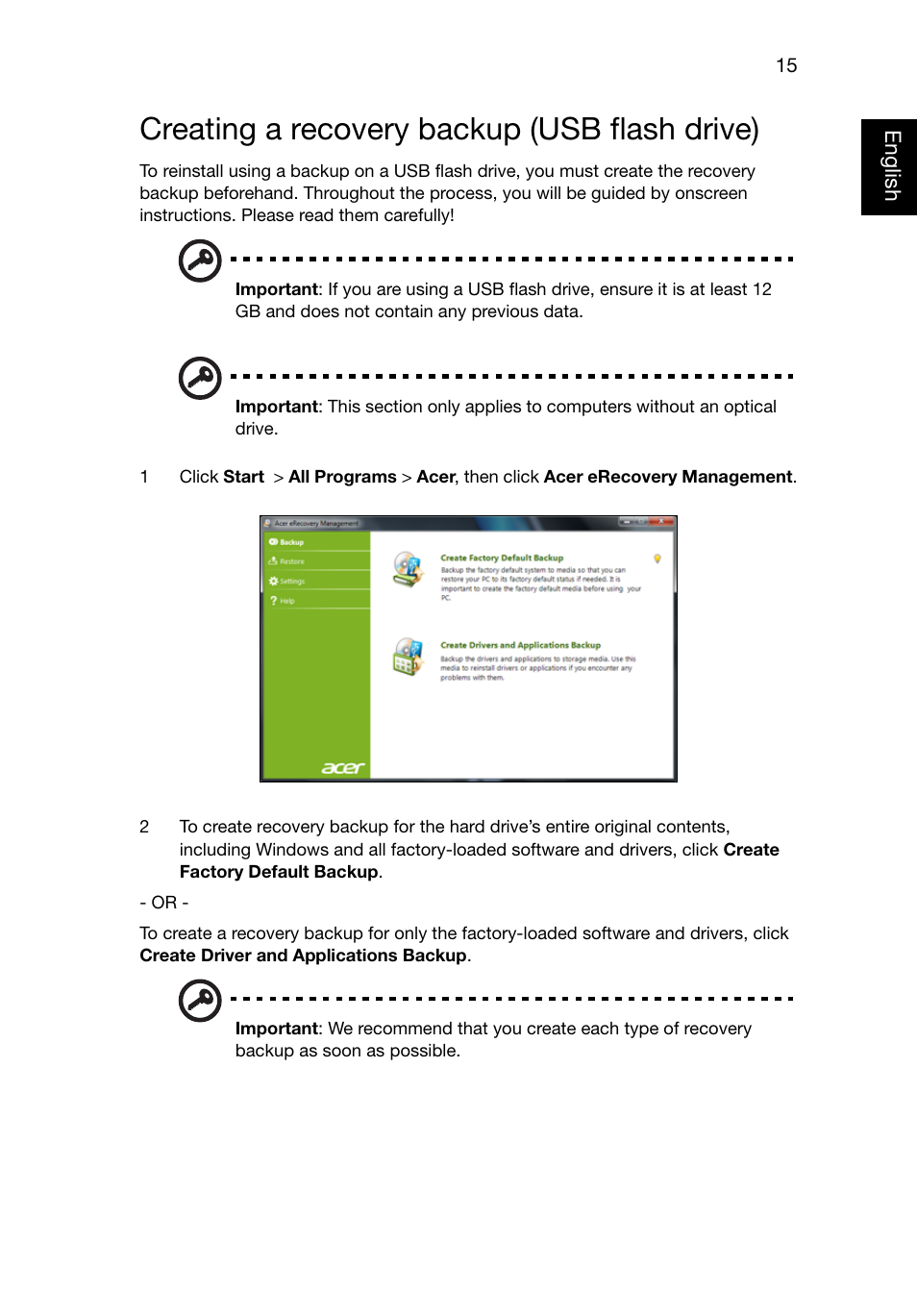 Creating a recovery backup (usb flash drive) | Acer TravelMate 8481T User Manual | Page 35 / 76