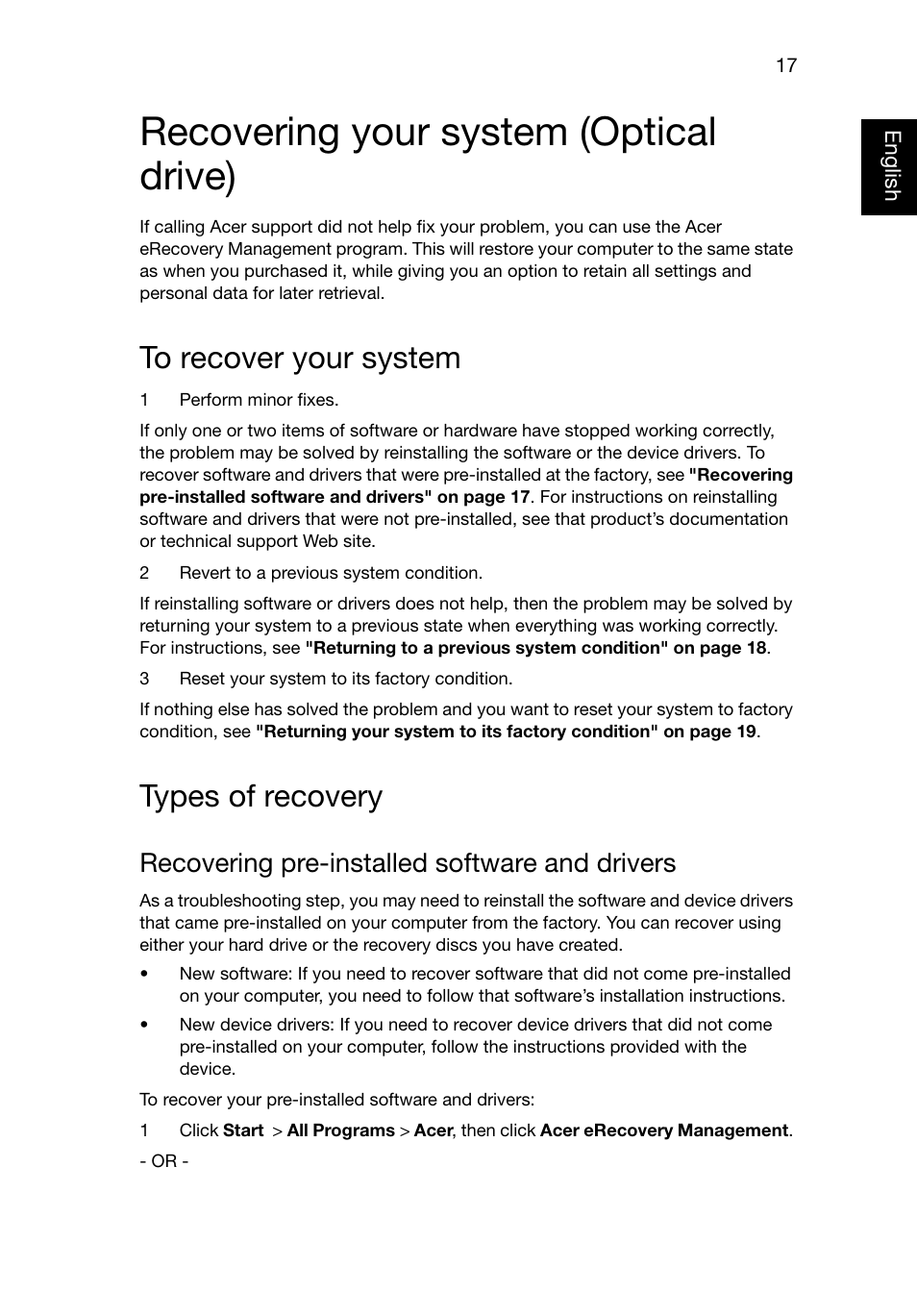 Recovering your system (optical drive), To recover your system, Types of recovery | Recovering pre-installed software and drivers | Acer TravelMate 8481T User Manual | Page 37 / 76