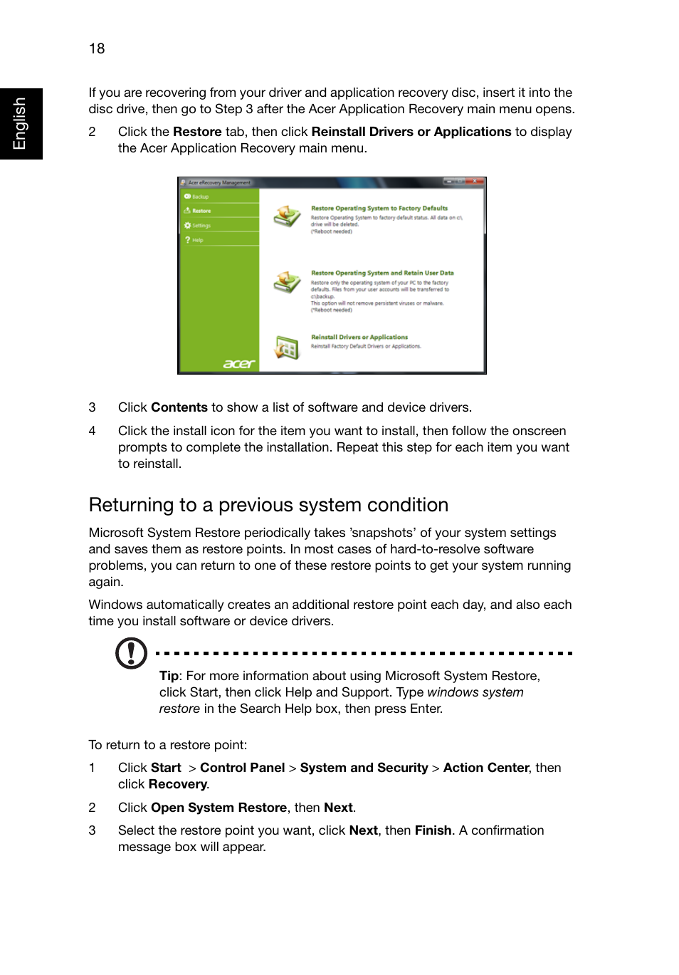 Returning to a previous system condition | Acer TravelMate 8481T User Manual | Page 38 / 76