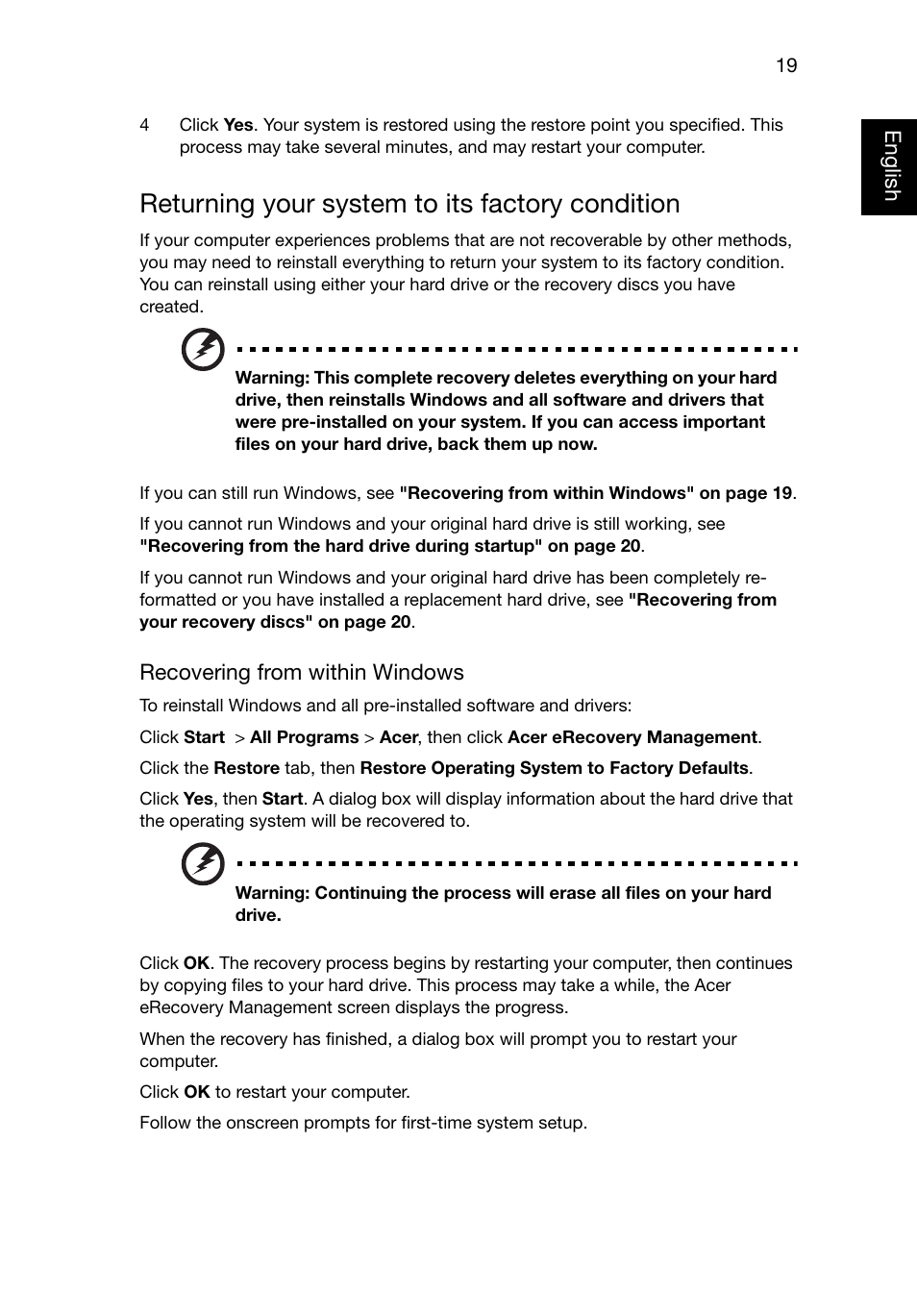 Returning your system to its factory condition | Acer TravelMate 8481T User Manual | Page 39 / 76