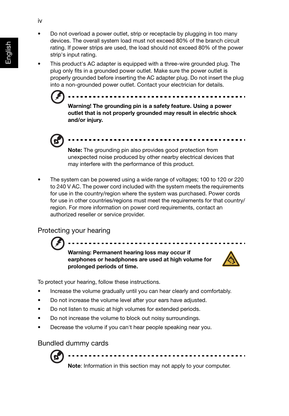 English, Protecting your hearing, Bundled dummy cards | Acer TravelMate 8481T User Manual | Page 4 / 76