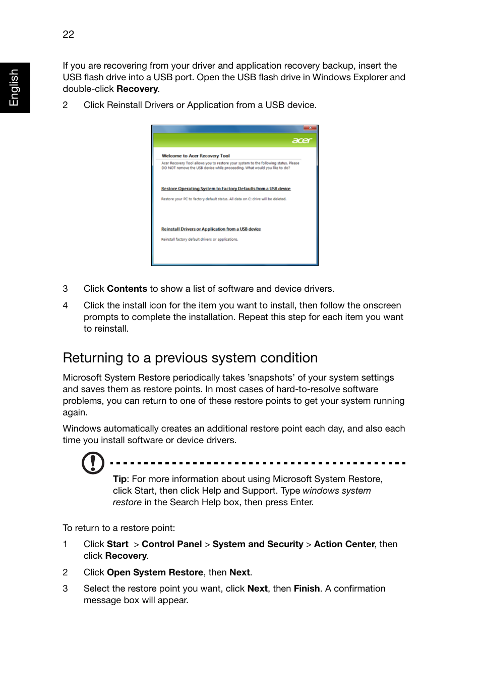 Returning to a previous system condition | Acer TravelMate 8481T User Manual | Page 42 / 76