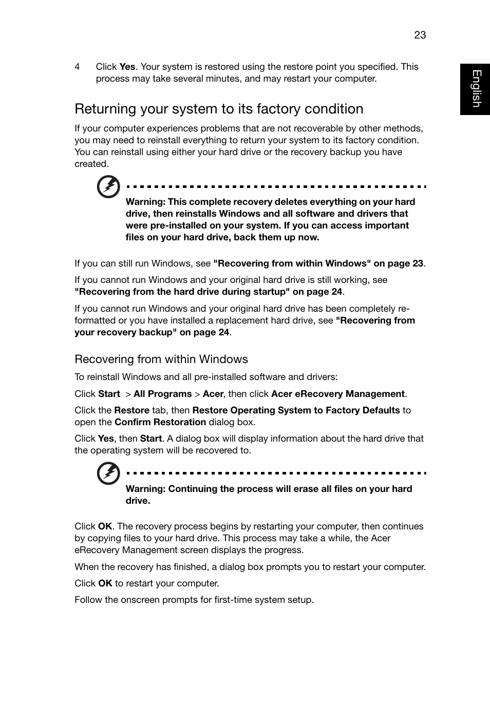 Returning your system to its factory condition | Acer TravelMate 8481T User Manual | Page 43 / 76