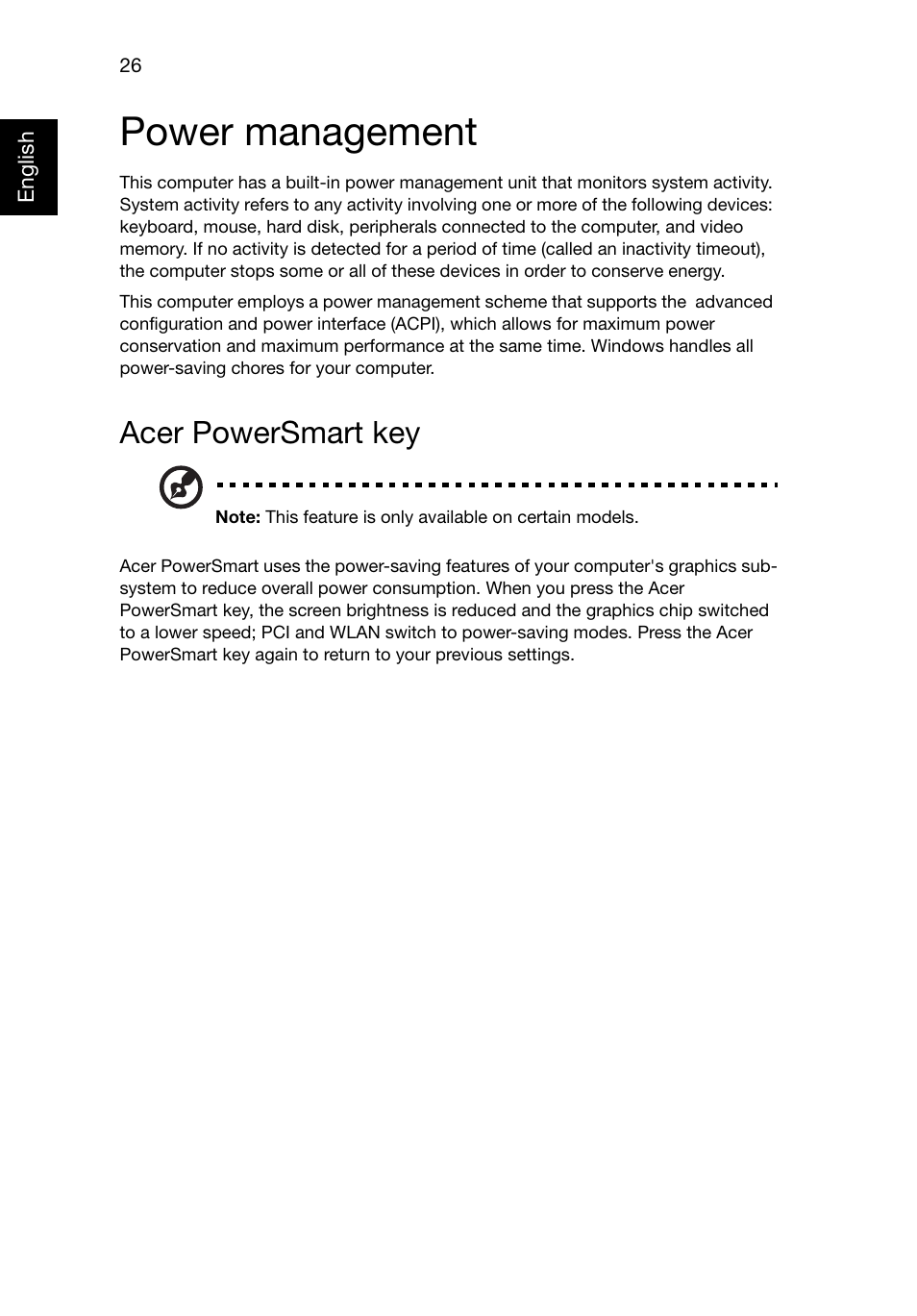 Power management, Acer powersmart key | Acer TravelMate 8481T User Manual | Page 46 / 76