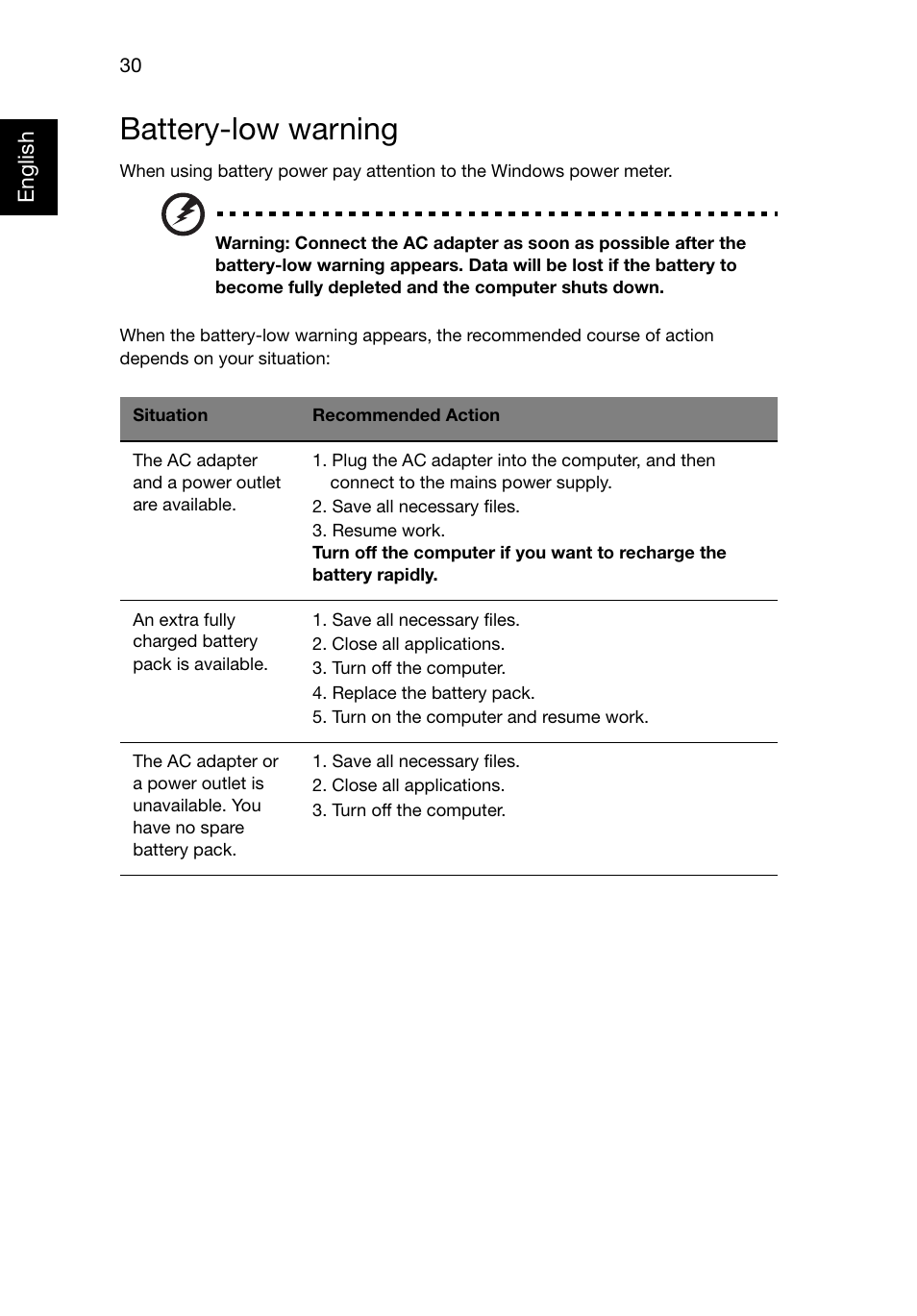 Battery-low warning | Acer TravelMate 8481T User Manual | Page 50 / 76