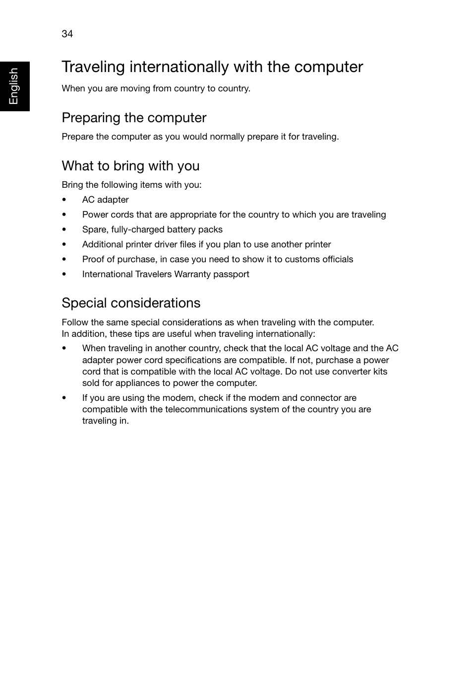 Traveling internationally with the computer, Preparing the computer, What to bring with you | Special considerations | Acer TravelMate 8481T User Manual | Page 54 / 76