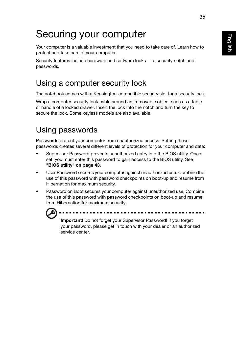 Securing your computer, Using a computer security lock, Using passwords | Acer TravelMate 8481T User Manual | Page 55 / 76