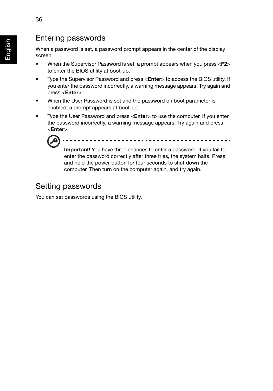 Entering passwords, Setting passwords | Acer TravelMate 8481T User Manual | Page 56 / 76