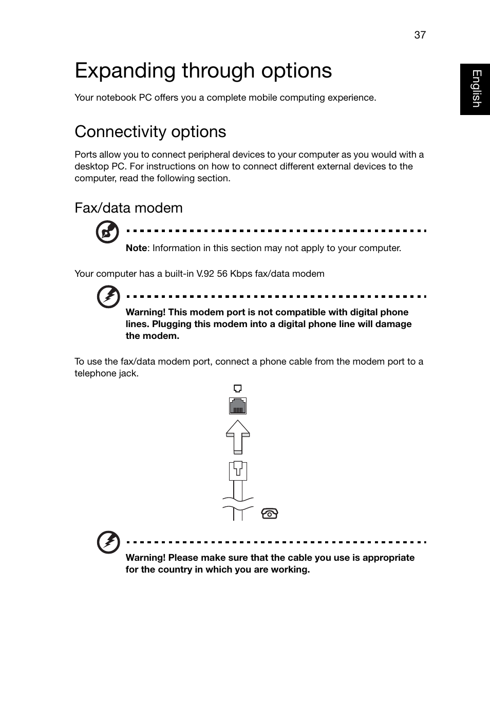 Expanding through options, Connectivity options, Fax/data modem | Acer TravelMate 8481T User Manual | Page 57 / 76