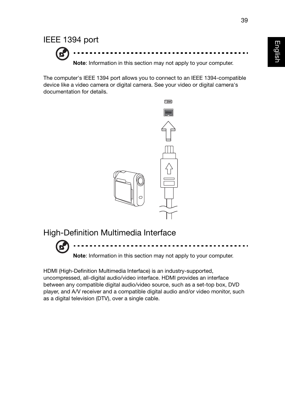 Ieee 1394 port, High-definition multimedia interface | Acer TravelMate 8481T User Manual | Page 59 / 76