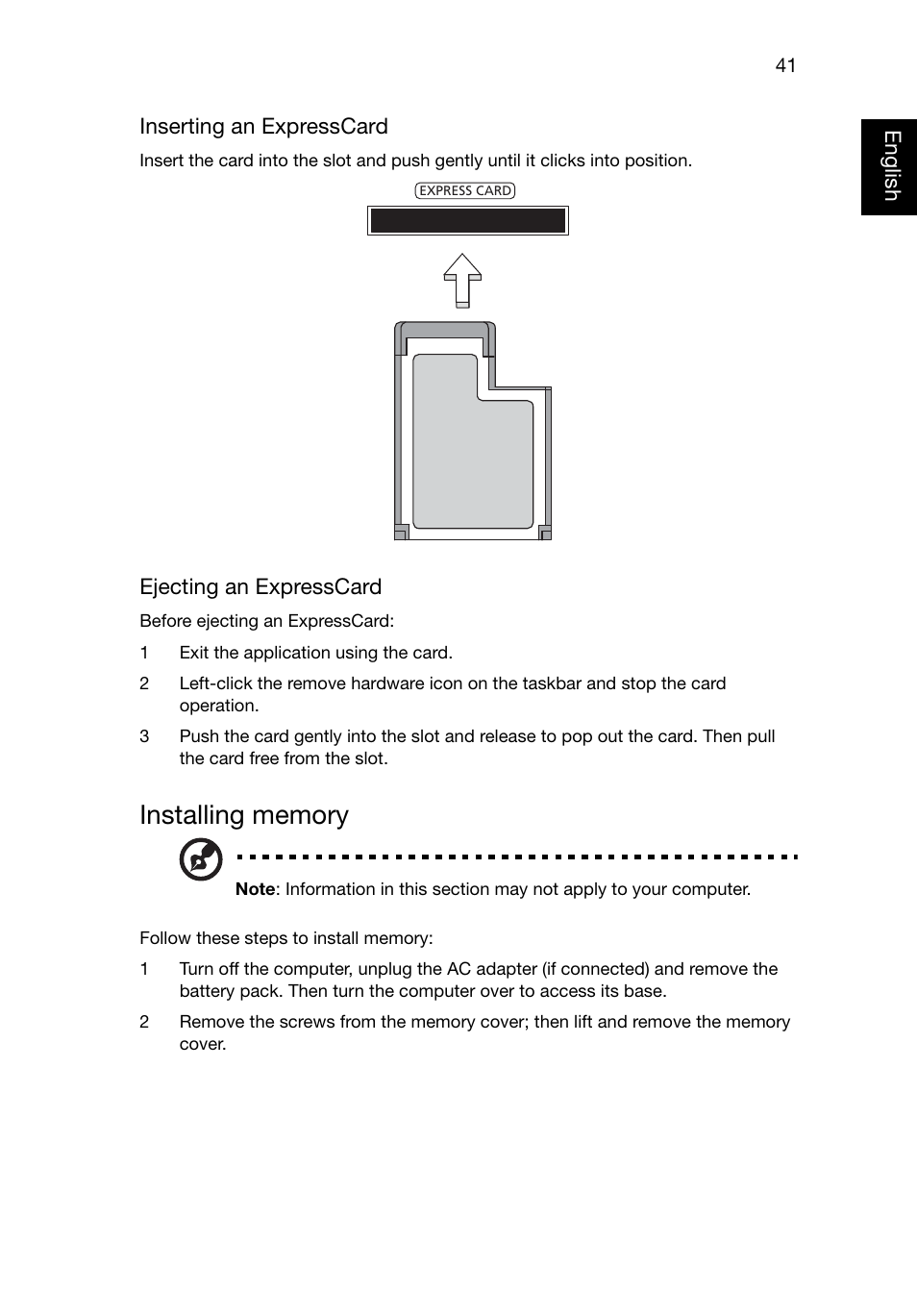 Installing memory | Acer TravelMate 8481T User Manual | Page 61 / 76