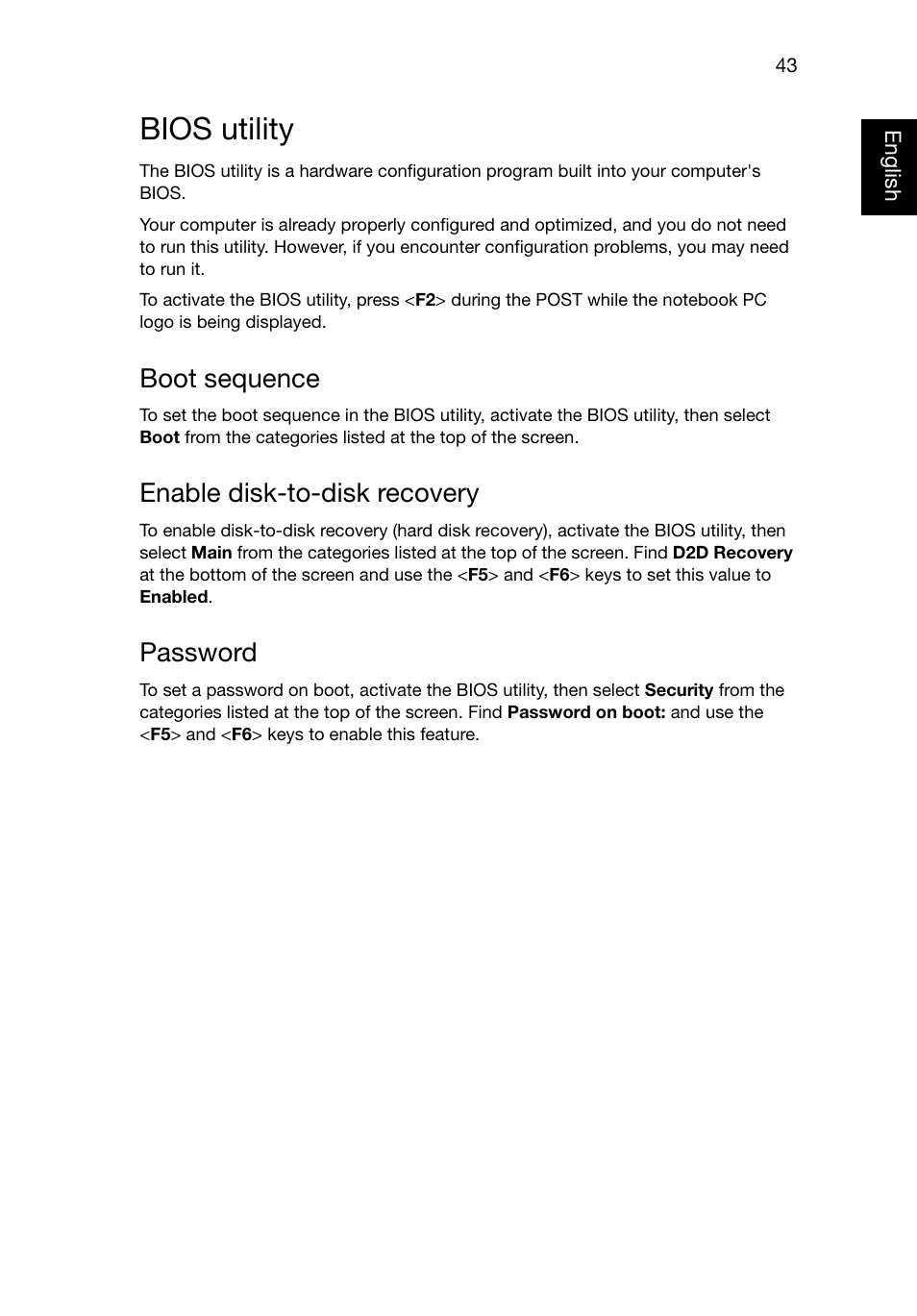 Bios utility, Boot sequence, Enable disk-to-disk recovery | Password | Acer TravelMate 8481T User Manual | Page 63 / 76