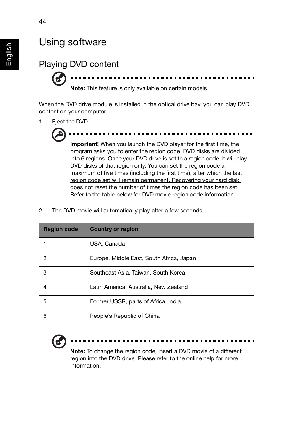 Using software, Playing dvd content | Acer TravelMate 8481T User Manual | Page 64 / 76