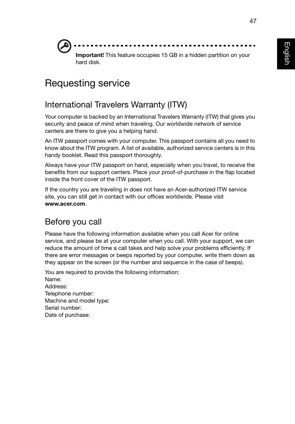 Requesting service, International travelers warranty (itw), Before you call | Acer TravelMate 8481T User Manual | Page 67 / 76