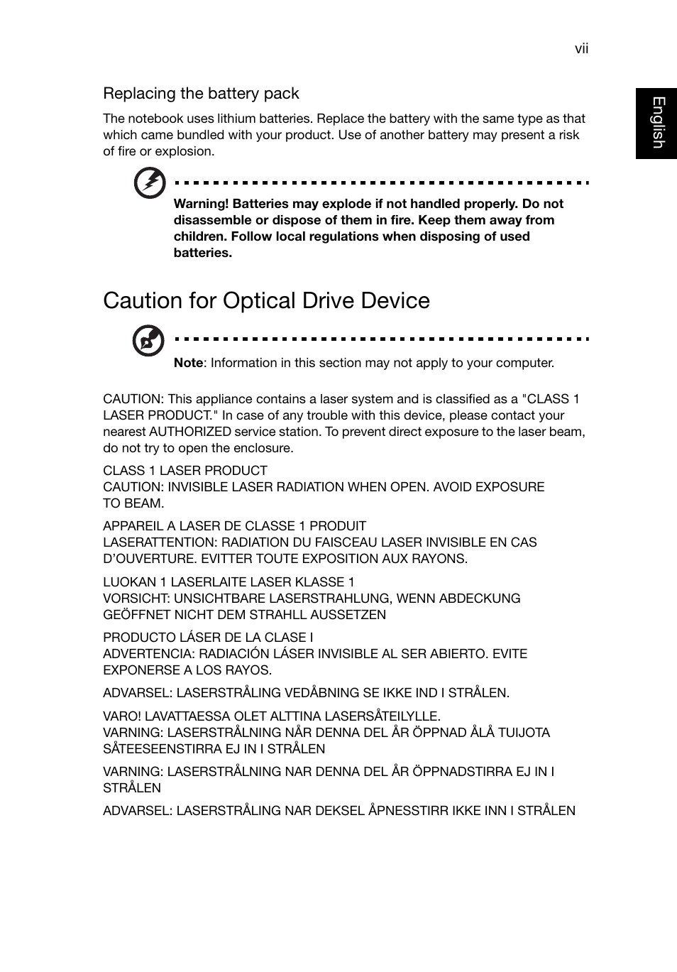 Caution for optical drive device | Acer TravelMate 8481T User Manual | Page 7 / 76