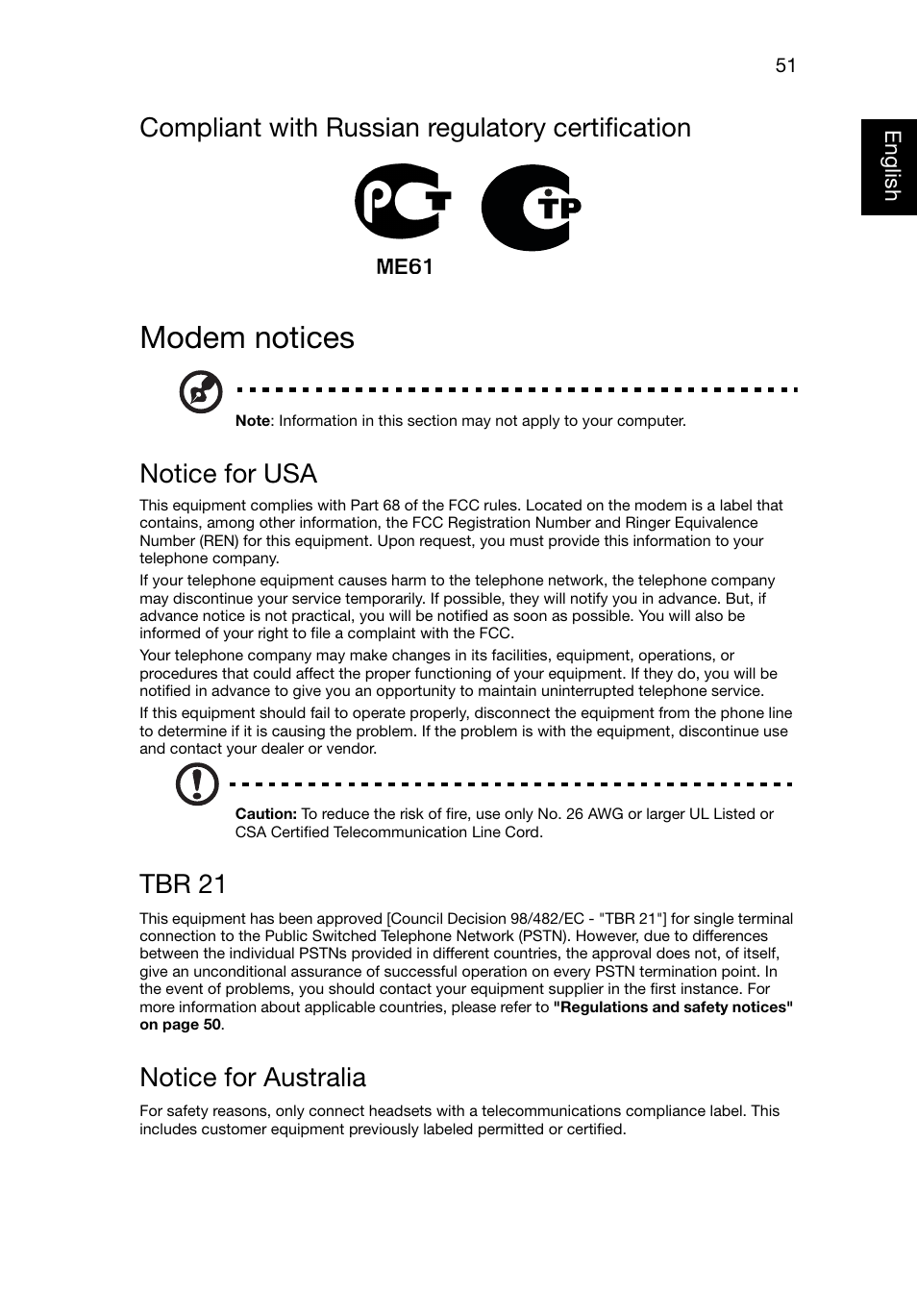 Modem notices, Compliant with russian regulatory certification, Notice for usa | Tbr 21, Notice for australia | Acer TravelMate 8481T User Manual | Page 71 / 76