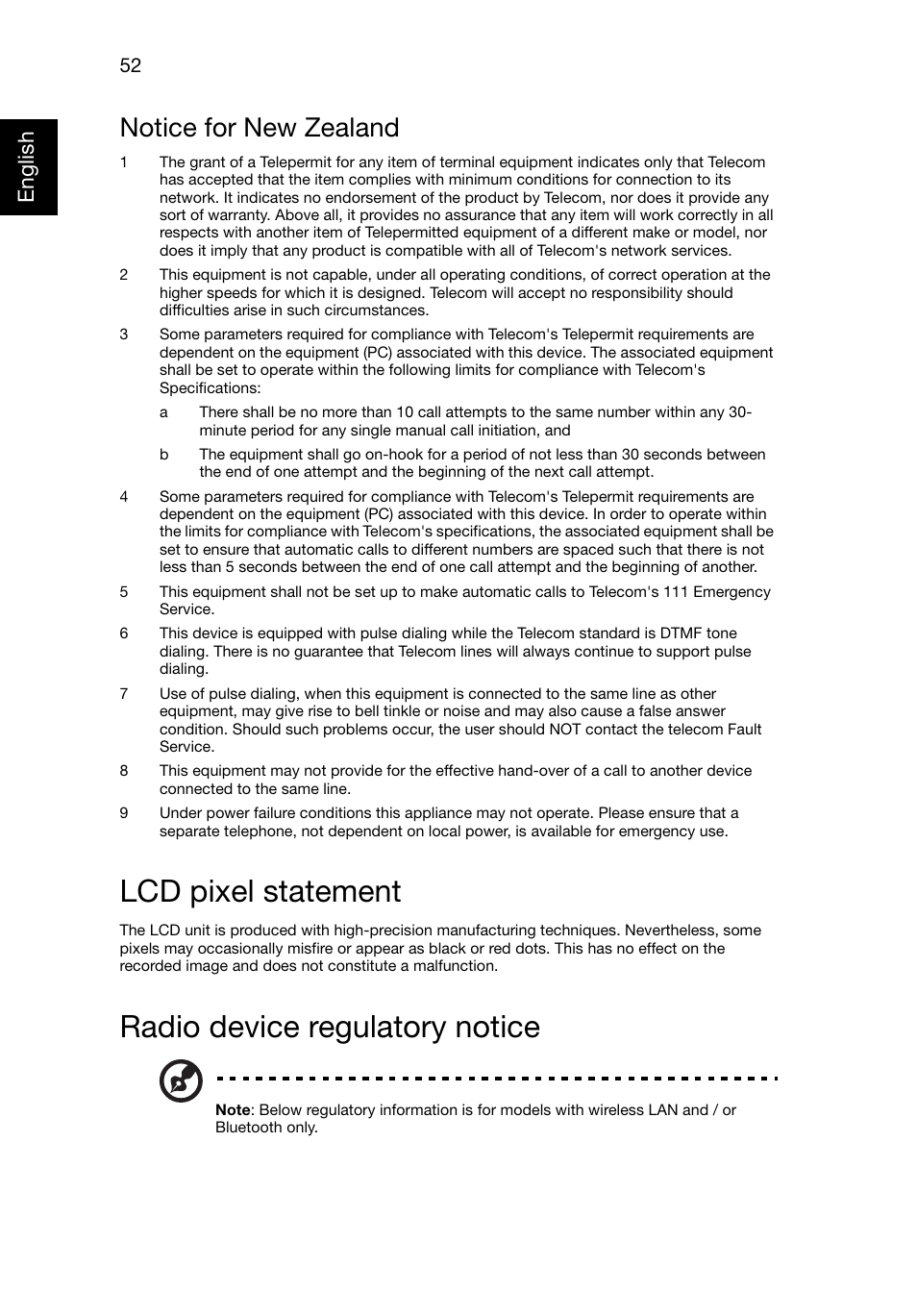 Lcd pixel statement, Radio device regulatory notice, Notice for new zealand | English | Acer TravelMate 8481T User Manual | Page 72 / 76