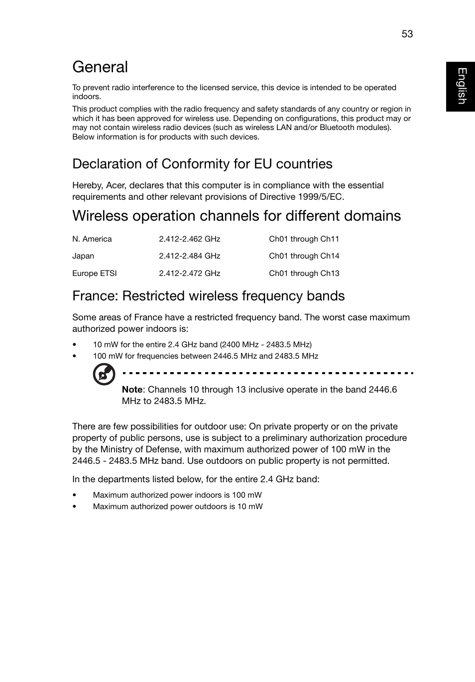 General, Wireless operation channels for different domains, France: restricted wireless frequency bands | Declaration of conformity for eu countries, English | Acer TravelMate 8481T User Manual | Page 73 / 76