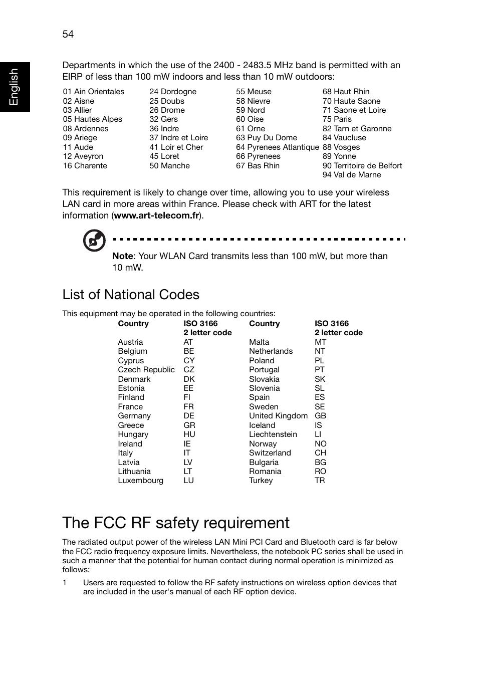 The fcc rf safety requirement, List of national codes, English | Acer TravelMate 8481T User Manual | Page 74 / 76