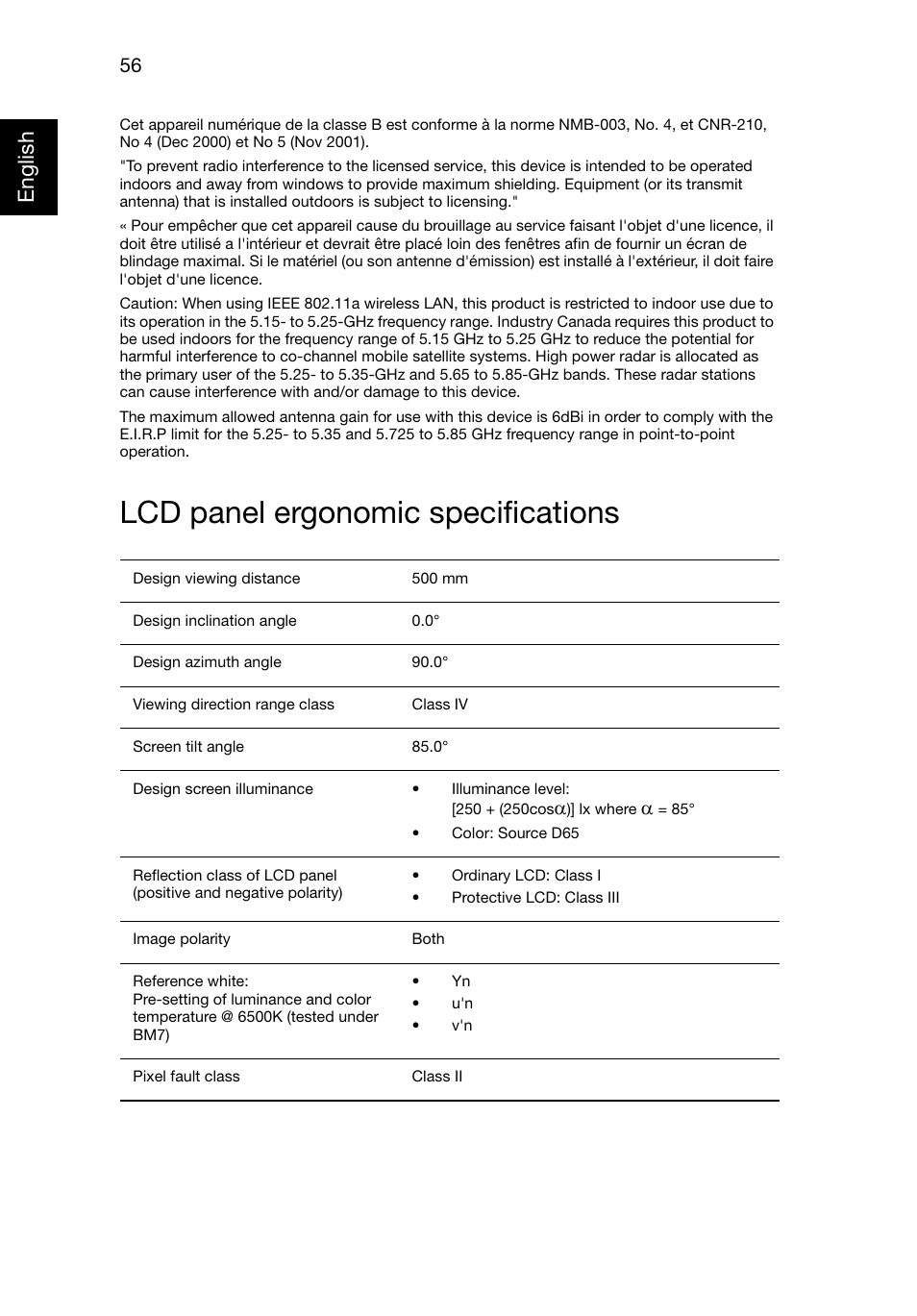 Lcd panel ergonomic specifications, English | Acer TravelMate 8481T User Manual | Page 76 / 76