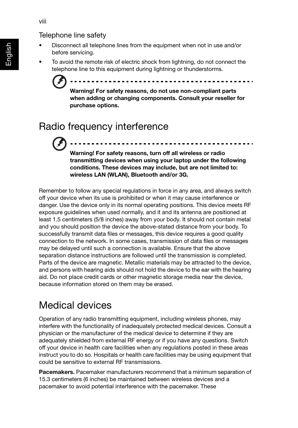 Radio frequency interference, Medical devices | Acer TravelMate 8481T User Manual | Page 8 / 76