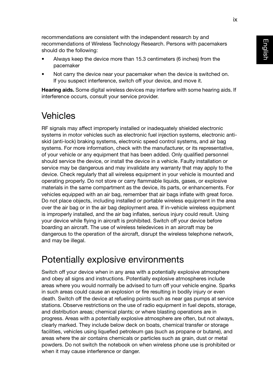 Vehicles, Potentially explosive environments | Acer TravelMate 8481T User Manual | Page 9 / 76