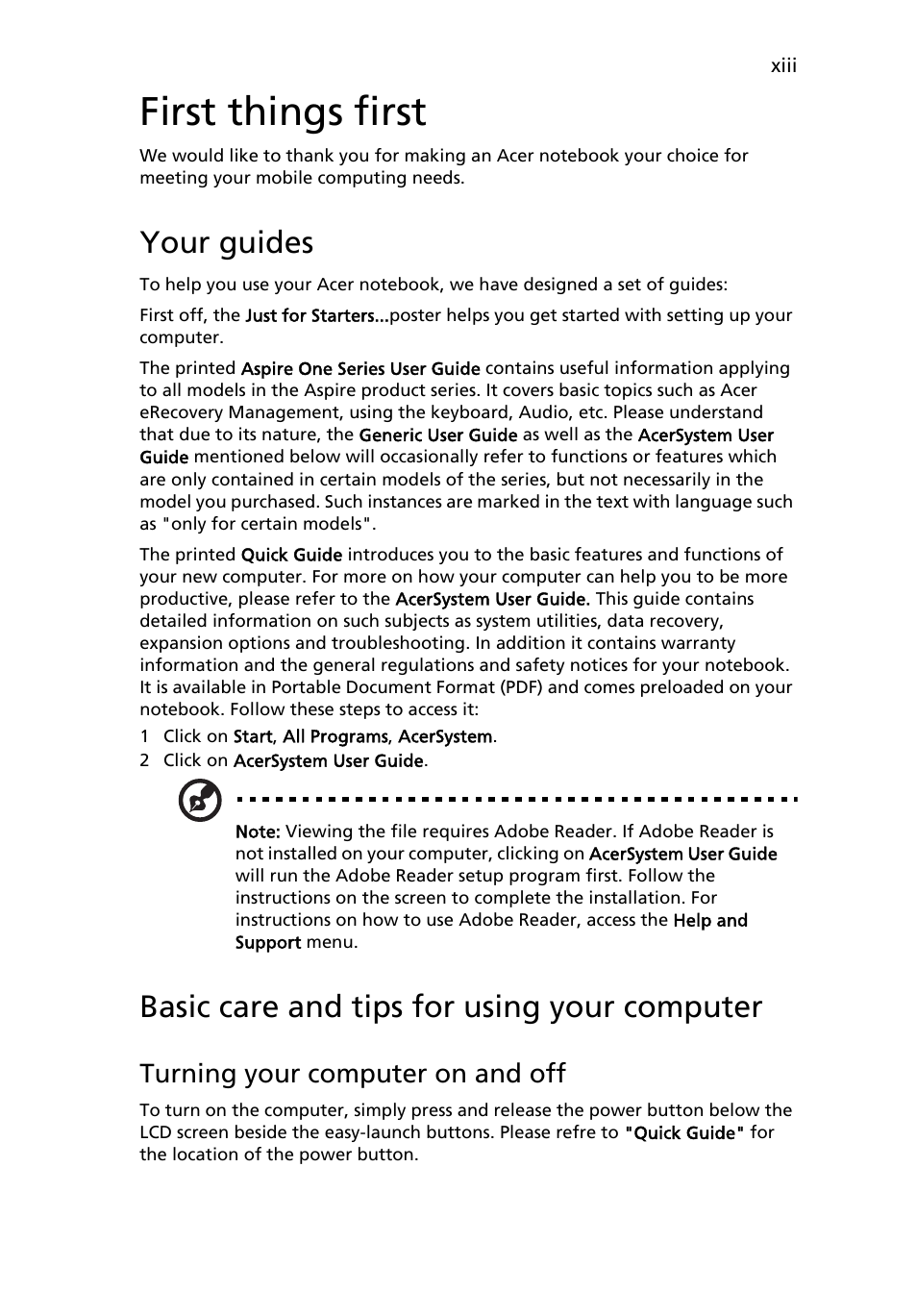 First things first, Your guides, Basic care and tips for using your computer | Acer AO533 User Manual | Page 13 / 52