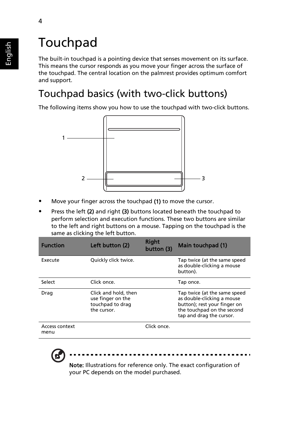 Touchpad, Touchpad basics (with two-click buttons) | Acer AO533 User Manual | Page 22 / 52