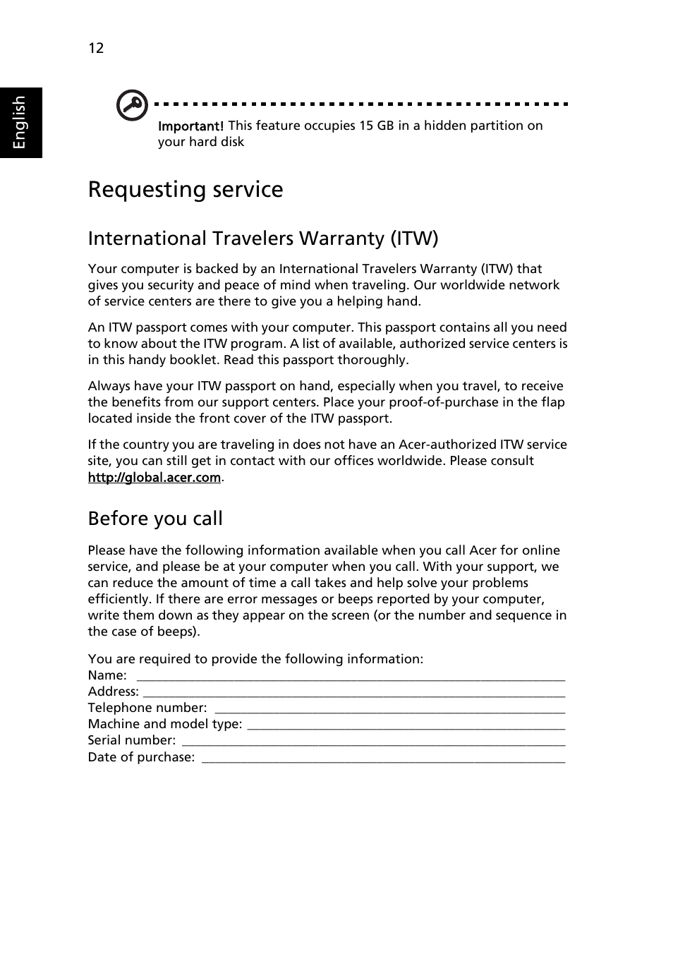 Requesting service, International travelers warranty (itw), Before you call | Acer AO533 User Manual | Page 30 / 52