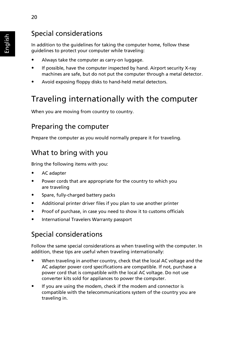 Traveling internationally with the computer, Special considerations, Preparing the computer | What to bring with you | Acer AO533 User Manual | Page 38 / 52