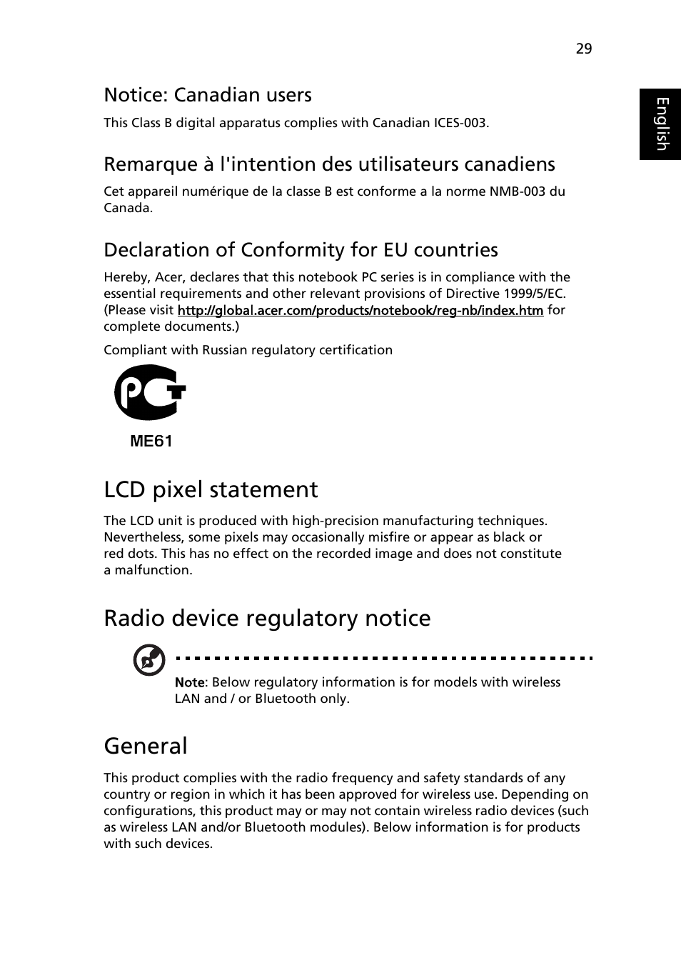 Lcd pixel statement, Radio device regulatory notice, General | Notice: canadian users, Remarque à l'intention des utilisateurs canadiens, Declaration of conformity for eu countries | Acer AO533 User Manual | Page 47 / 52