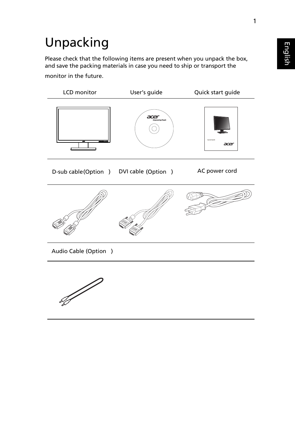 Unpacking | Acer V223WL User Manual | Page 15 / 28