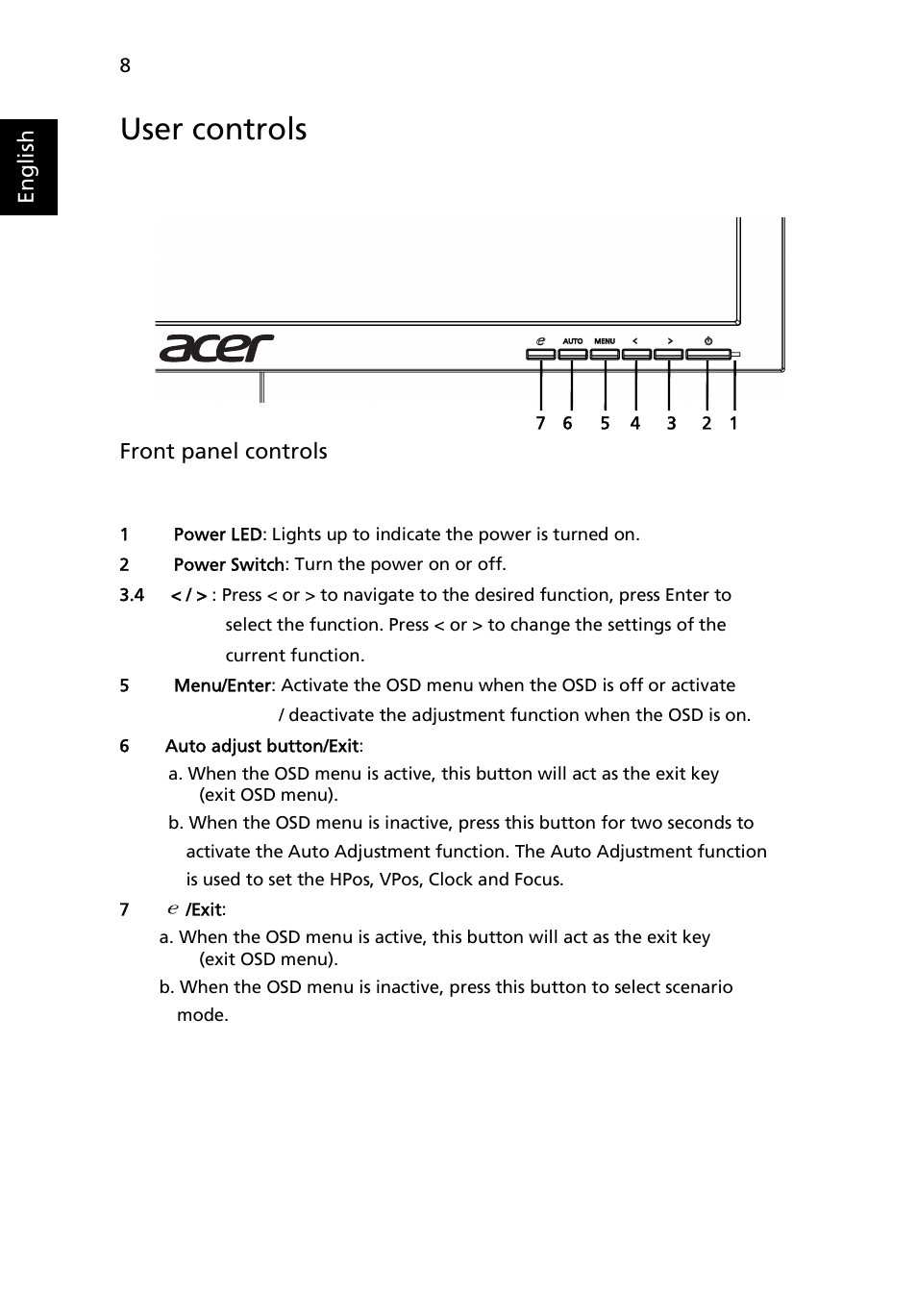 User controls | Acer V223WL User Manual | Page 22 / 28