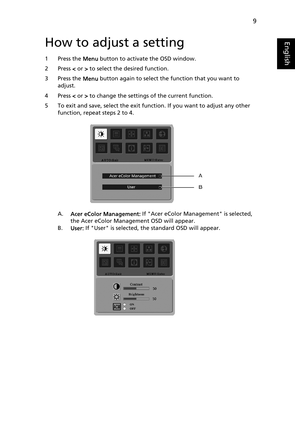 How to adjust a setting | Acer V223WL User Manual | Page 23 / 28