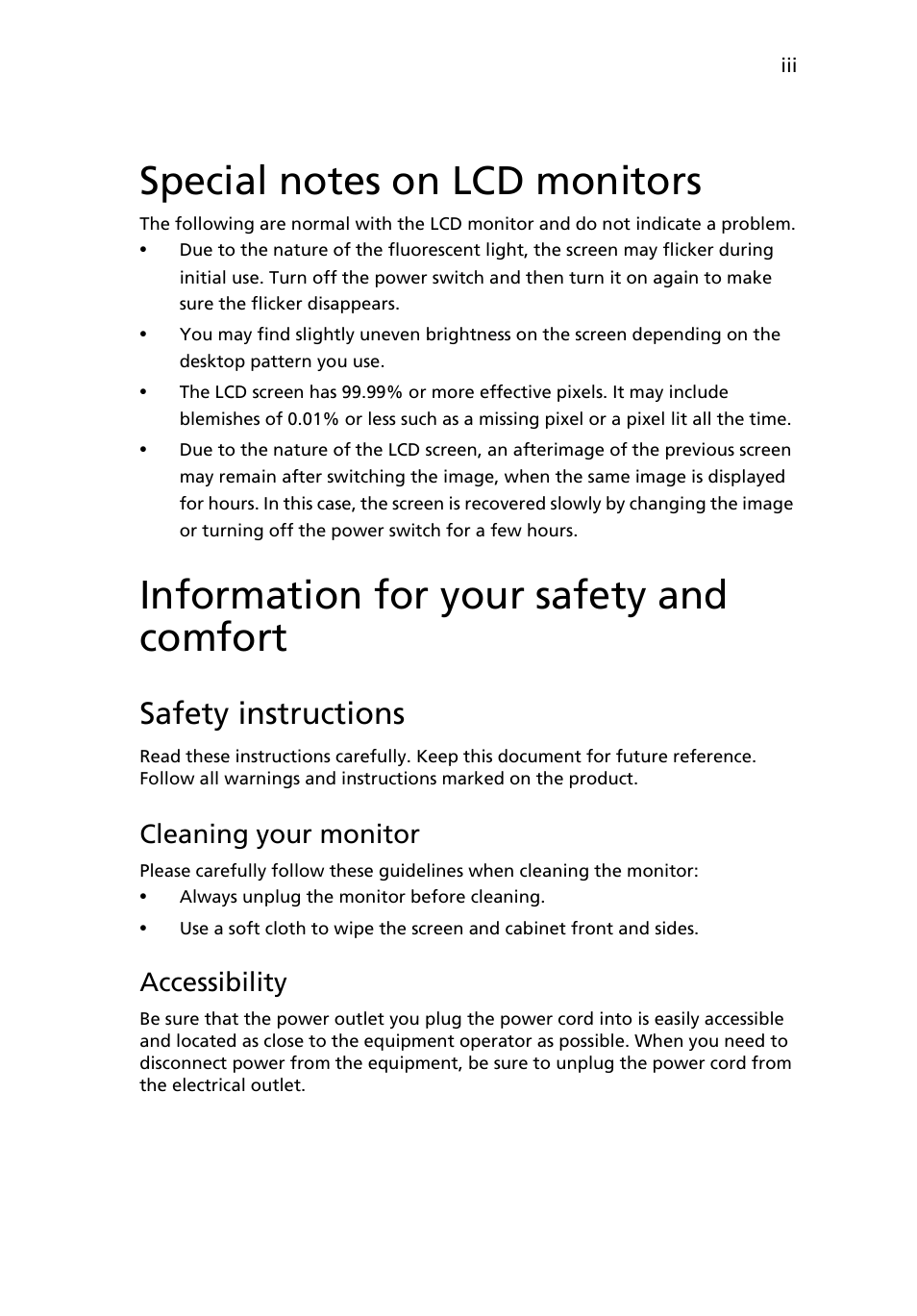 Information for your safety and comfort, Safety instructions, Cleaning your monitor | Accessibility | Acer V223WL User Manual | Page 3 / 28