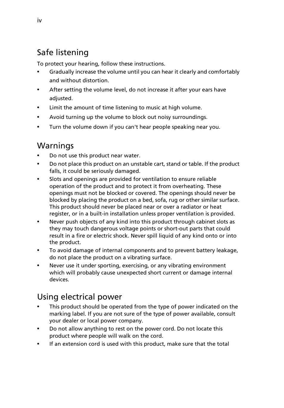 Safe listening, Warnings, Using electrical power | Acer V223WL User Manual | Page 4 / 28
