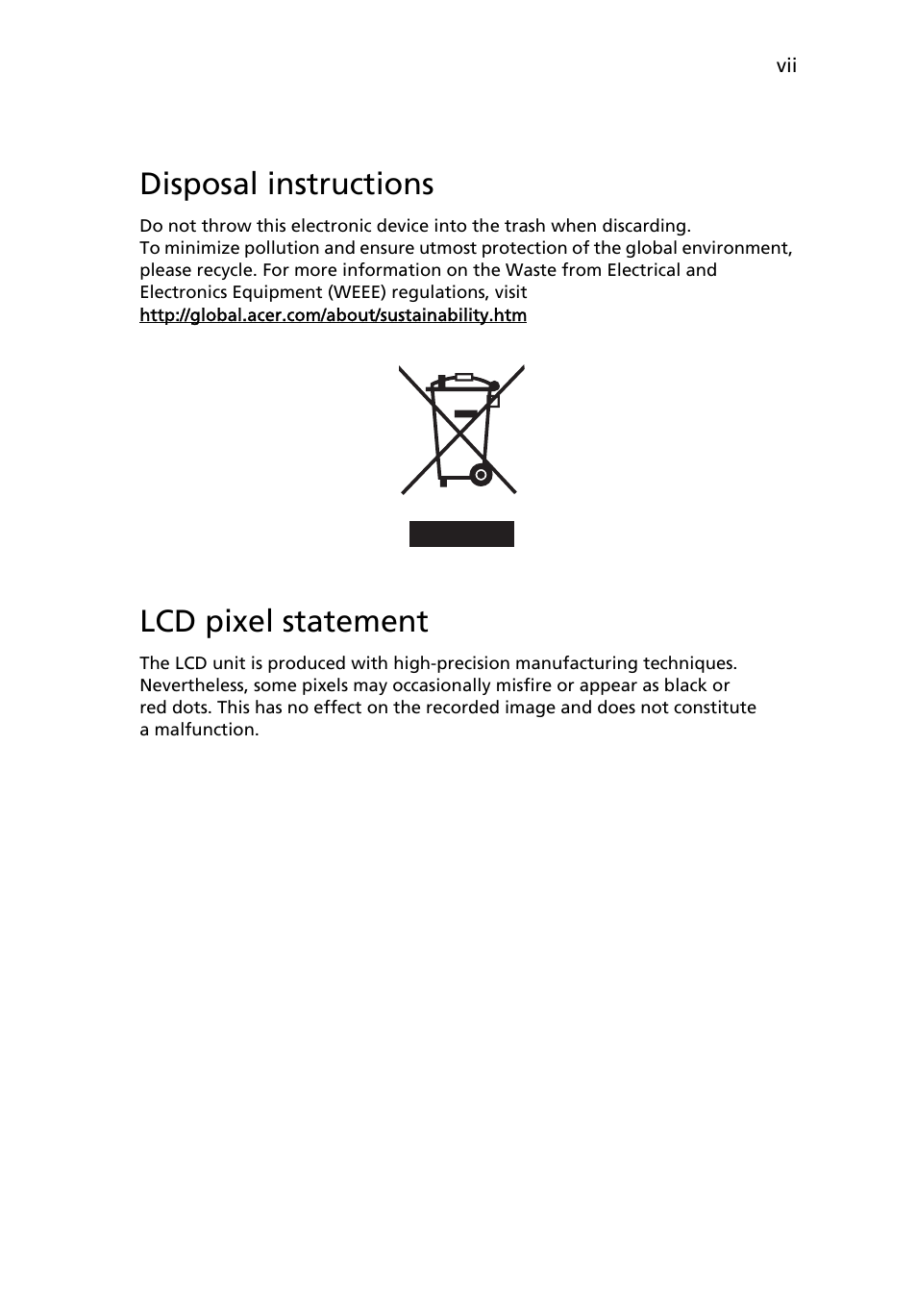 Disposal instructions, Lcd pixel statement | Acer V223WL User Manual | Page 7 / 28