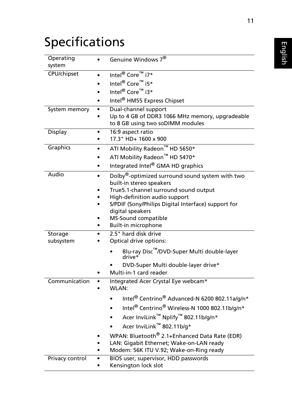 Specifications, Eng lis h | Acer Aspire 7740G User Manual | Page 11 / 12