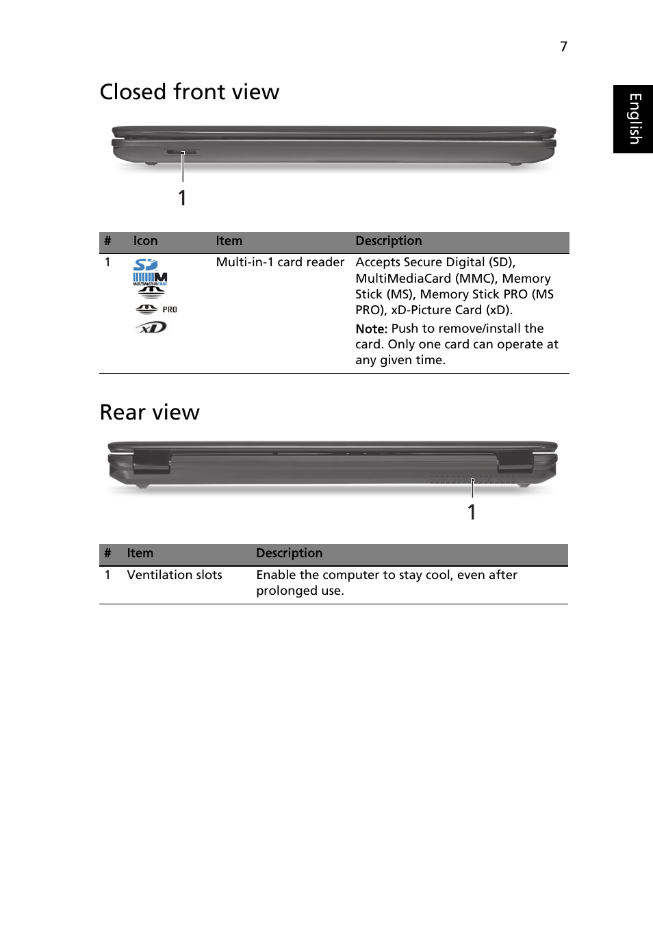 Closed front view, Rear view, Closed front view rear view | Acer Aspire 7740G User Manual | Page 7 / 12