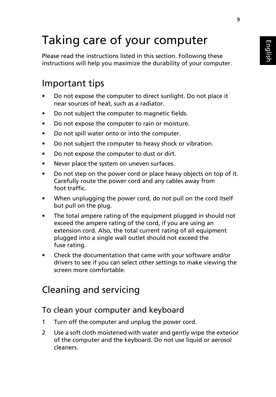 Taking care of your computer, Important tips, Cleaning and servicing | To clean your computer and keyboard | Acer AcerPower FE User Manual | Page 13 / 22