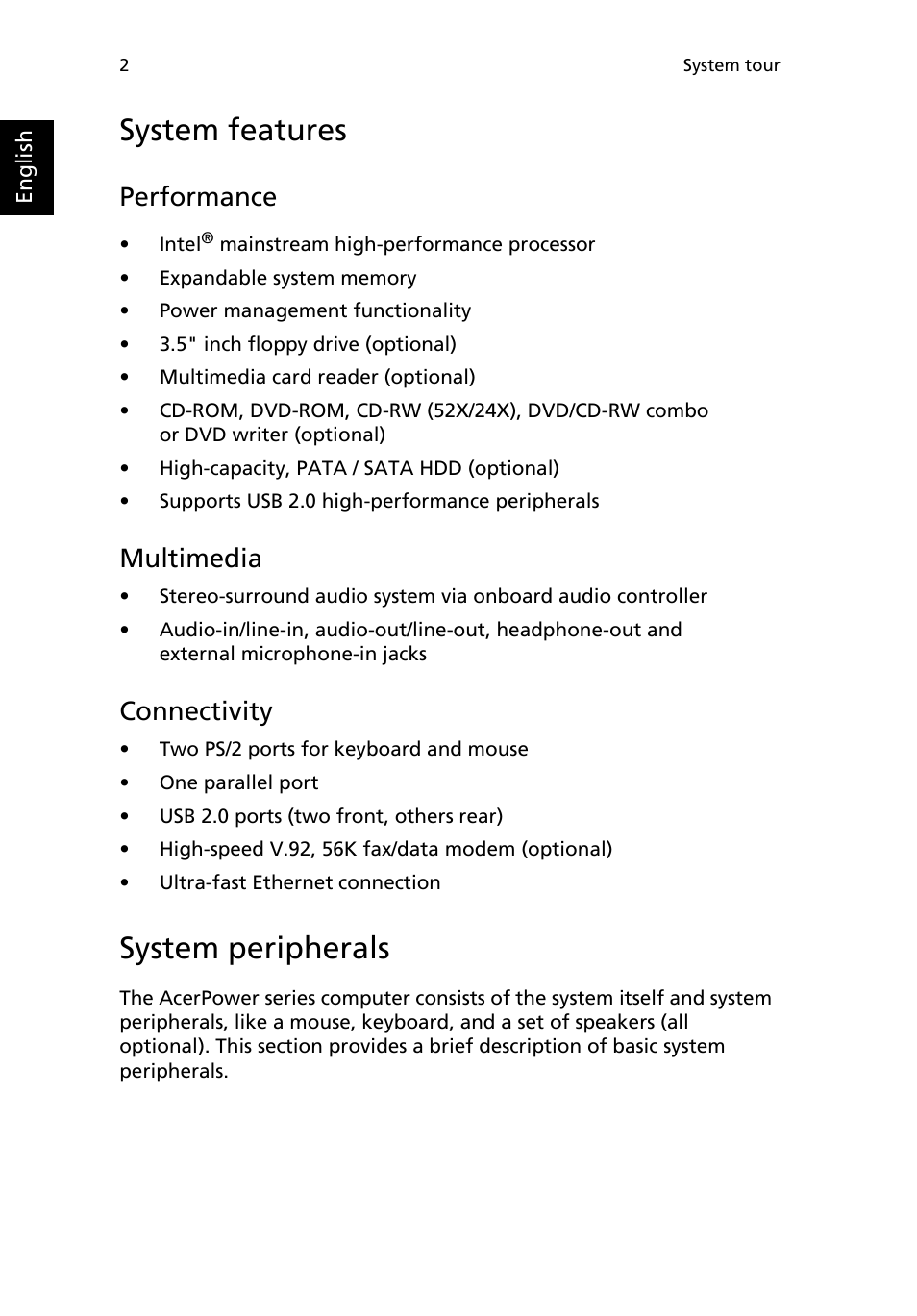 System features, System peripherals, Performance | Multimedia, Connectivity | Acer AcerPower FE User Manual | Page 6 / 22